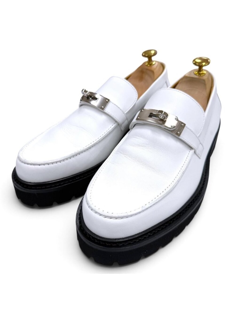 Hermes Moccasin Icon Kelly Buckle Leather Silver Tip Loafers White